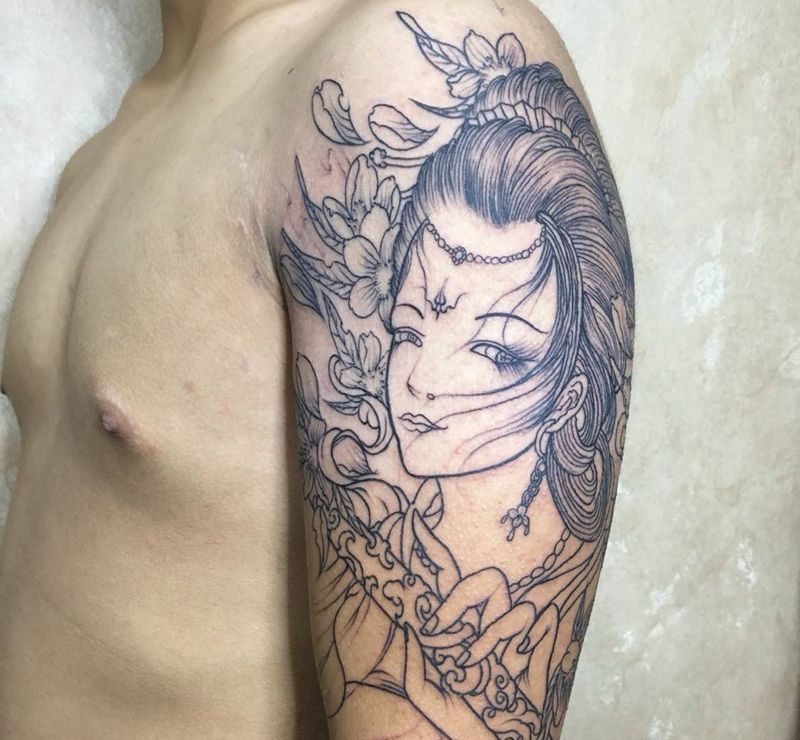 大臂艺妓纹身图片