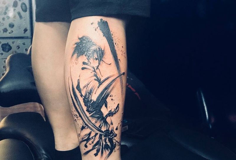 水墨武士纹身图片_腿部纹身图案