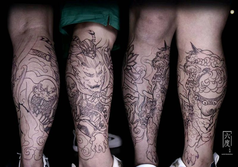 大圣纹身图片_腿部新传统纹身图案