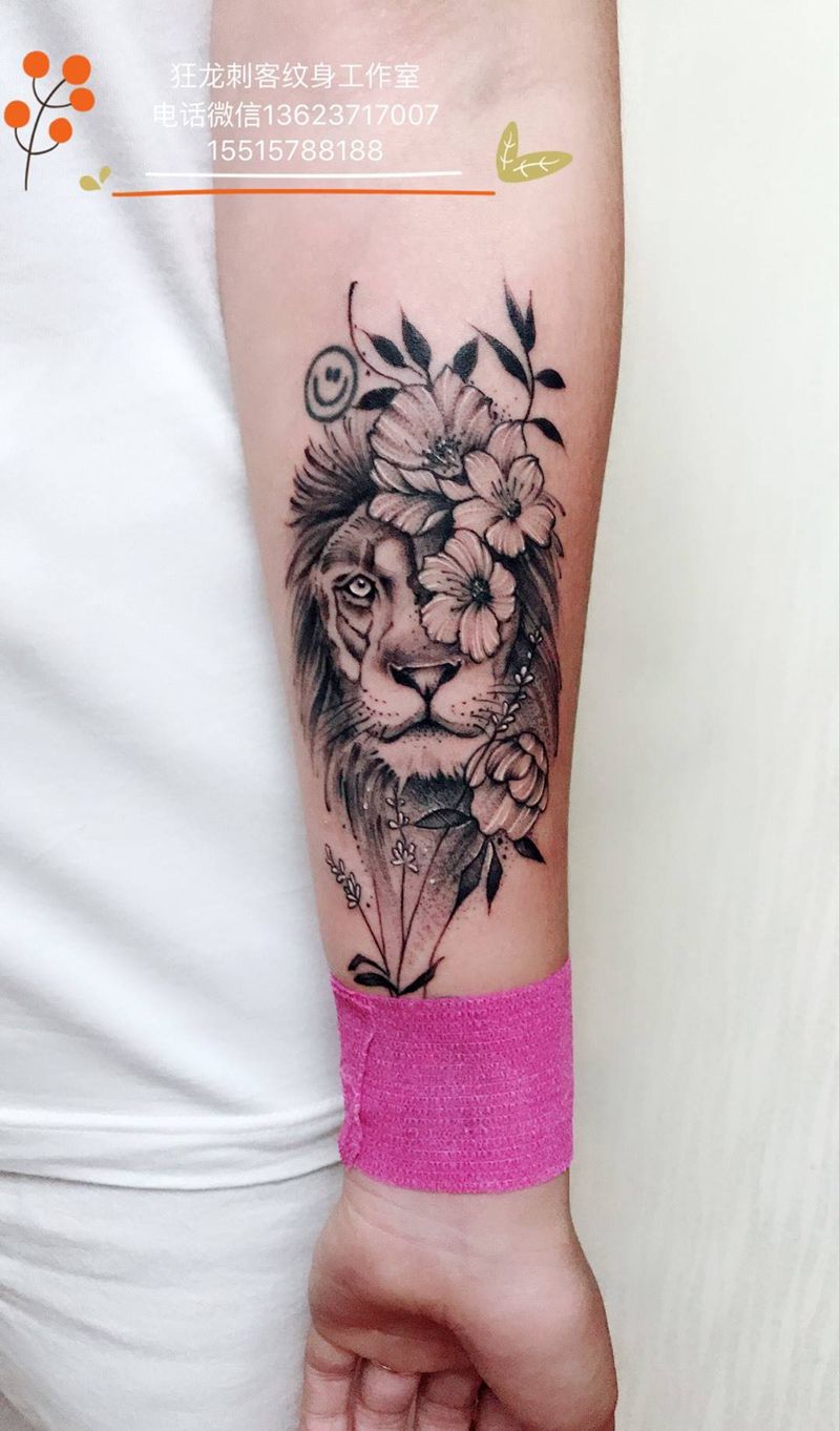 唯美狮子纹身图片_成品手臂臀部手部欧美传统清新动物植物图腾纹身图案
