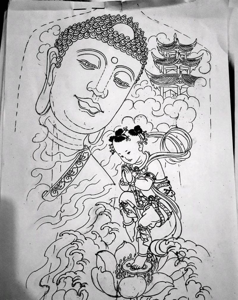 佛系满背纹身图片_背部腰部新传统老传统佛，哪吒纹身图案