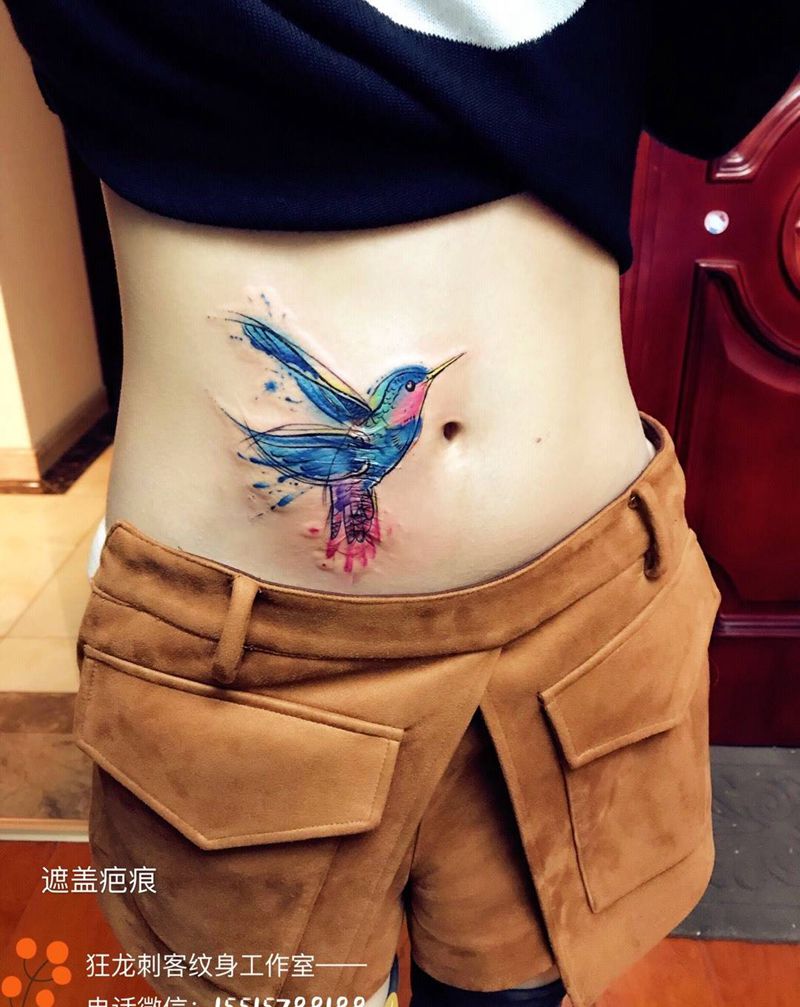 遮盖纹身图片_成品腹部腰部臀部欧美清新动物几何图腾纹身图案