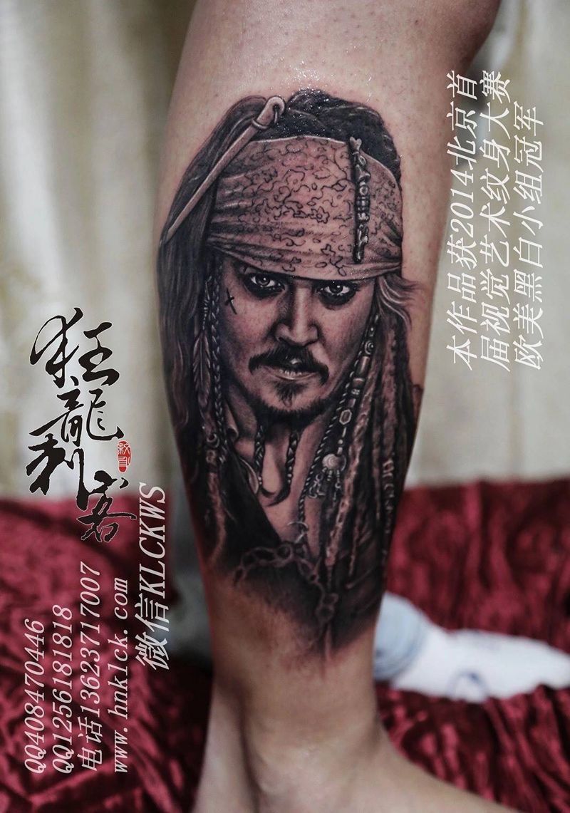 加勒比海盗纹身图片_插画腿部欧美肖像写实人物背部手臂清新纹身图案