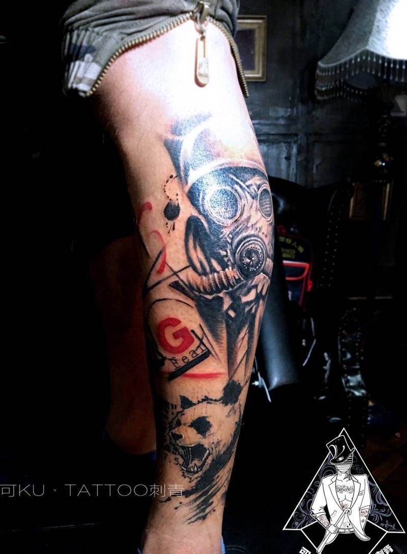 生化纹身图片_成品腿部欧美写实人物几何纹身图案