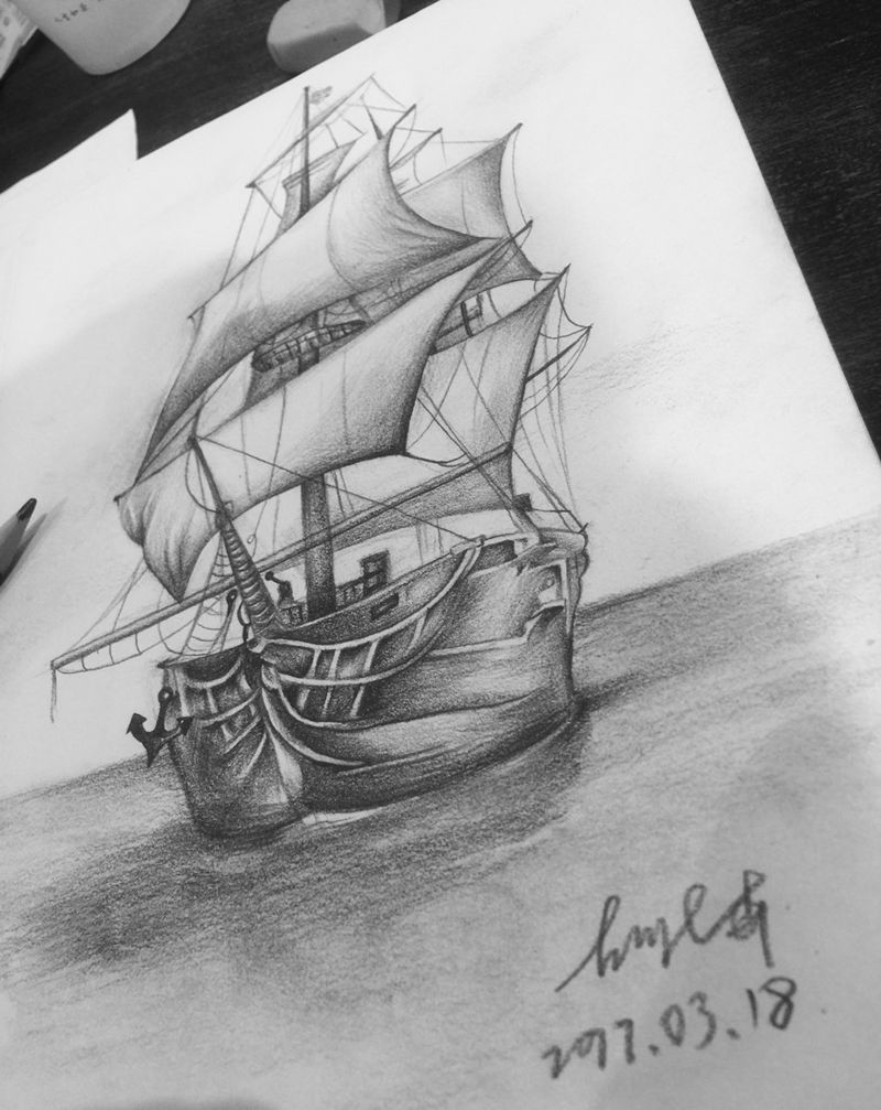 手绘帆船手稿纹身图片_成品手稿插画手部手臂背部臀部胸部几何字符纹身图案