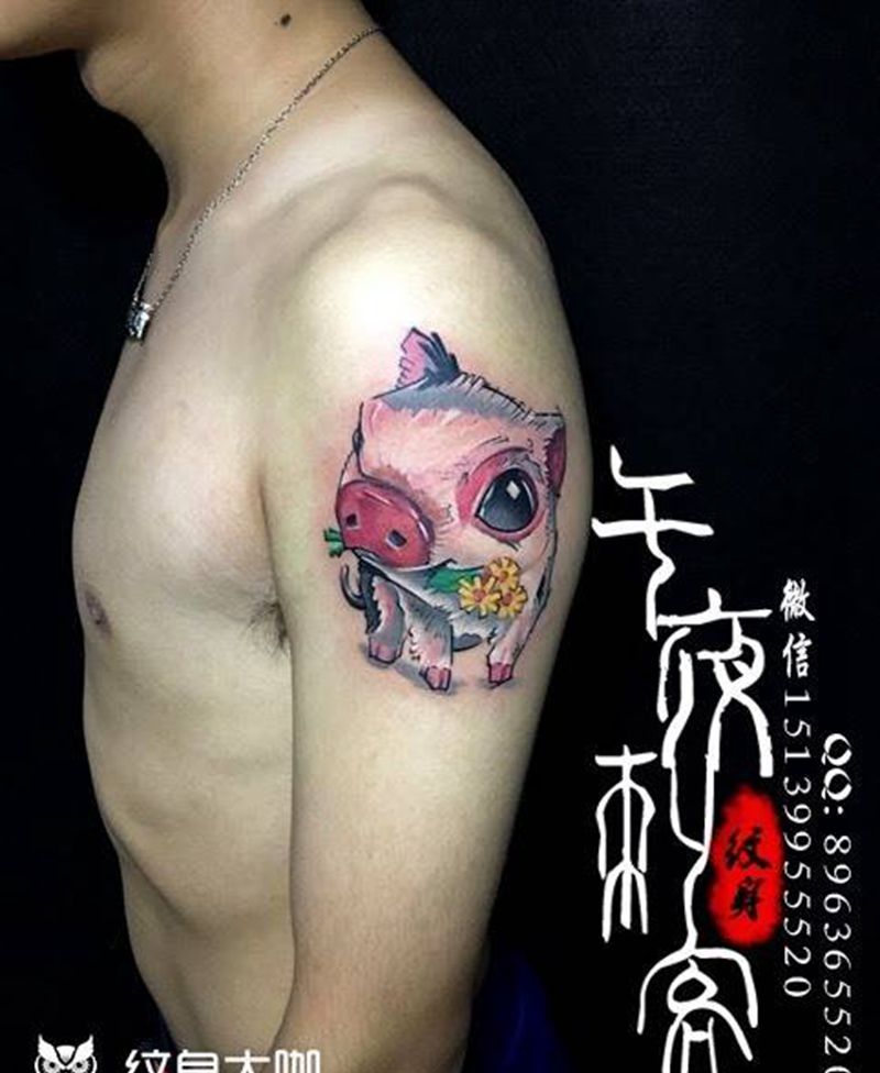 小猪纹身图片_成品手臂动物清新欧美传统纹身图案