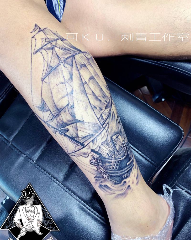 帆船纹身图片_腿部欧美写实纹身图案