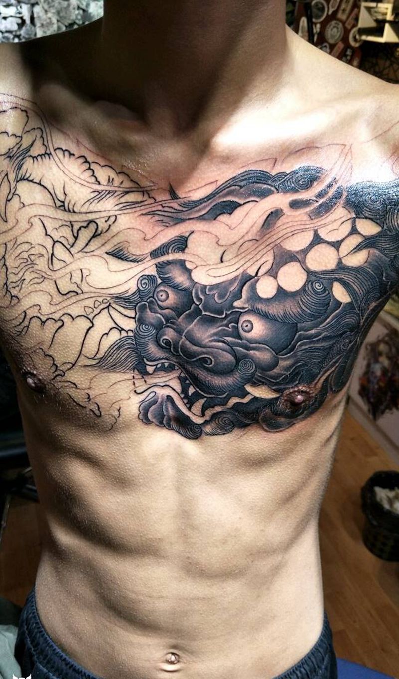 花胸 唐狮 未完成纹身图片