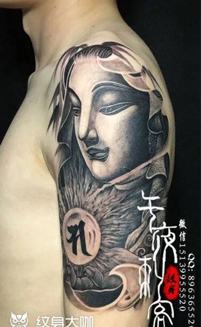 佛纹身图片_成品手稿插画手臂肖像传统写实国画人物鬼神纹身图案