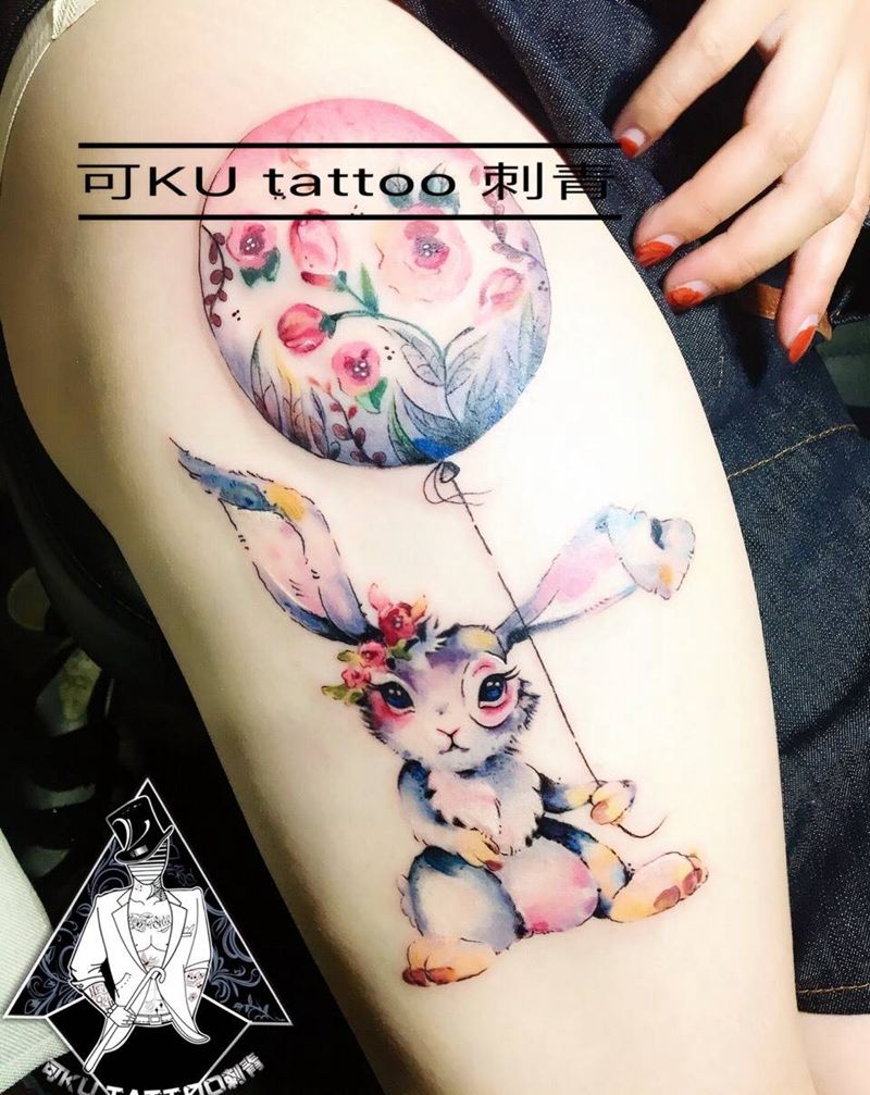 水彩兔子纹身图片_成品腿部清新动物纹身图案
