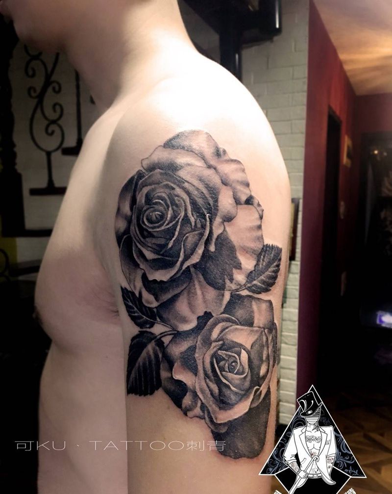 写实玫瑰纹身图片_成品手臂欧美写实植物纹身图案