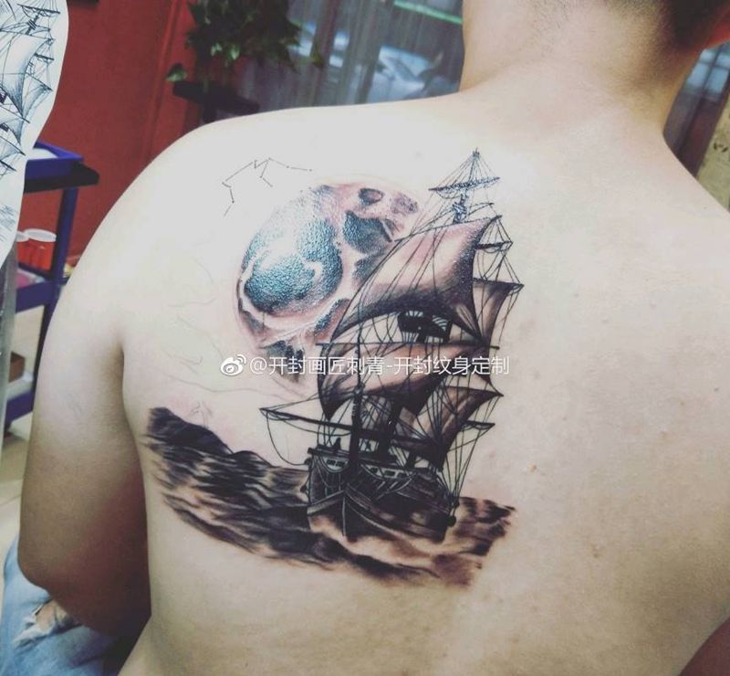 帆船(未完成)纹身图片_肩部背部欧美传统写实国画原创帆船成品手稿纹身图案