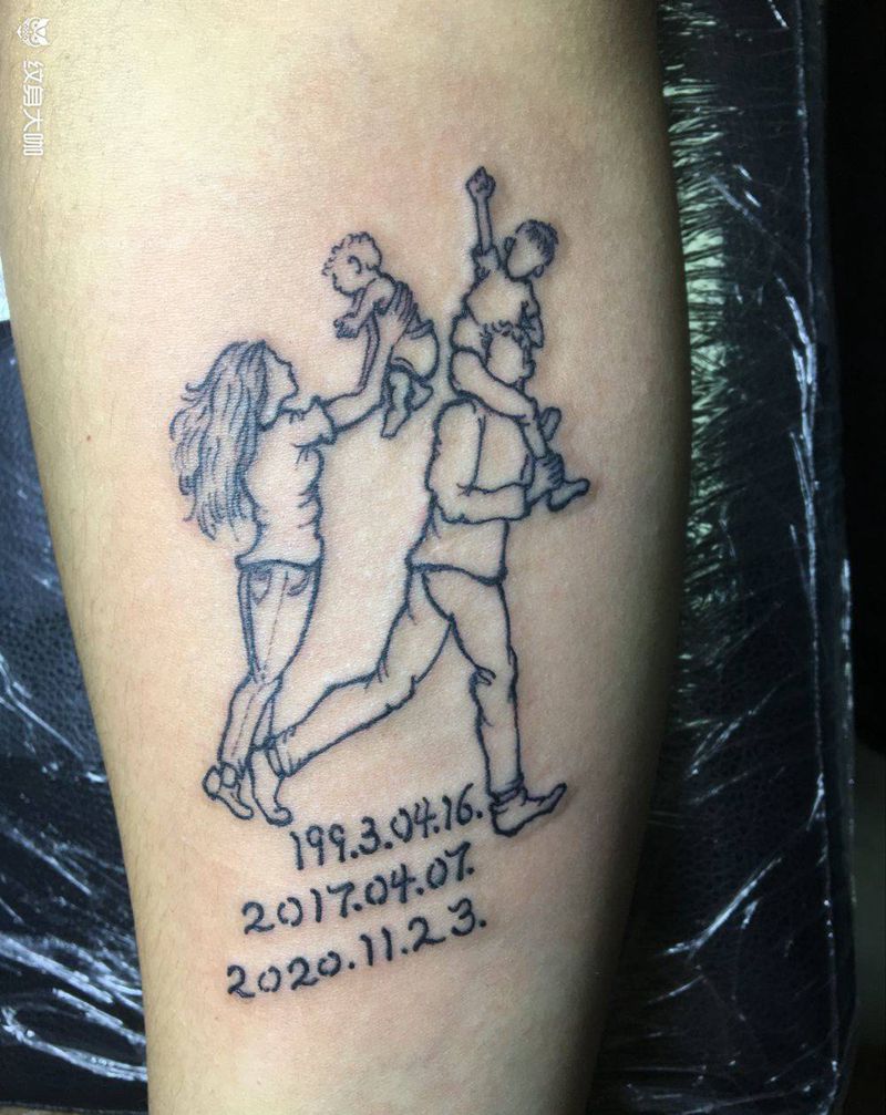 一家四口纹身图片_手臂几何简笔画速写纹身图案