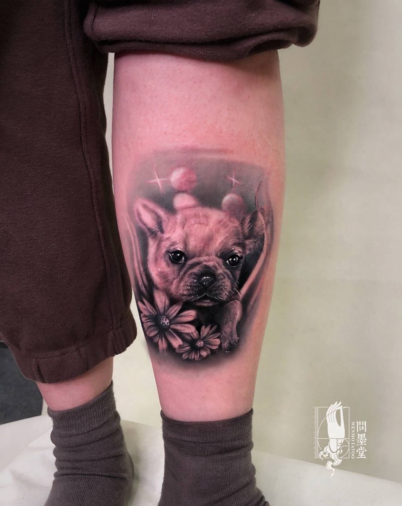 写实小狗～汉堡纹身图片_腿部欧美写实纹身图案