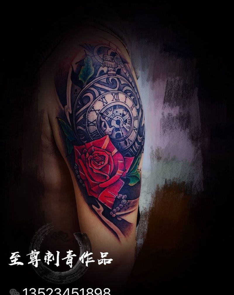 美好的时光纹身图片_手臂新传统水墨纹身图案