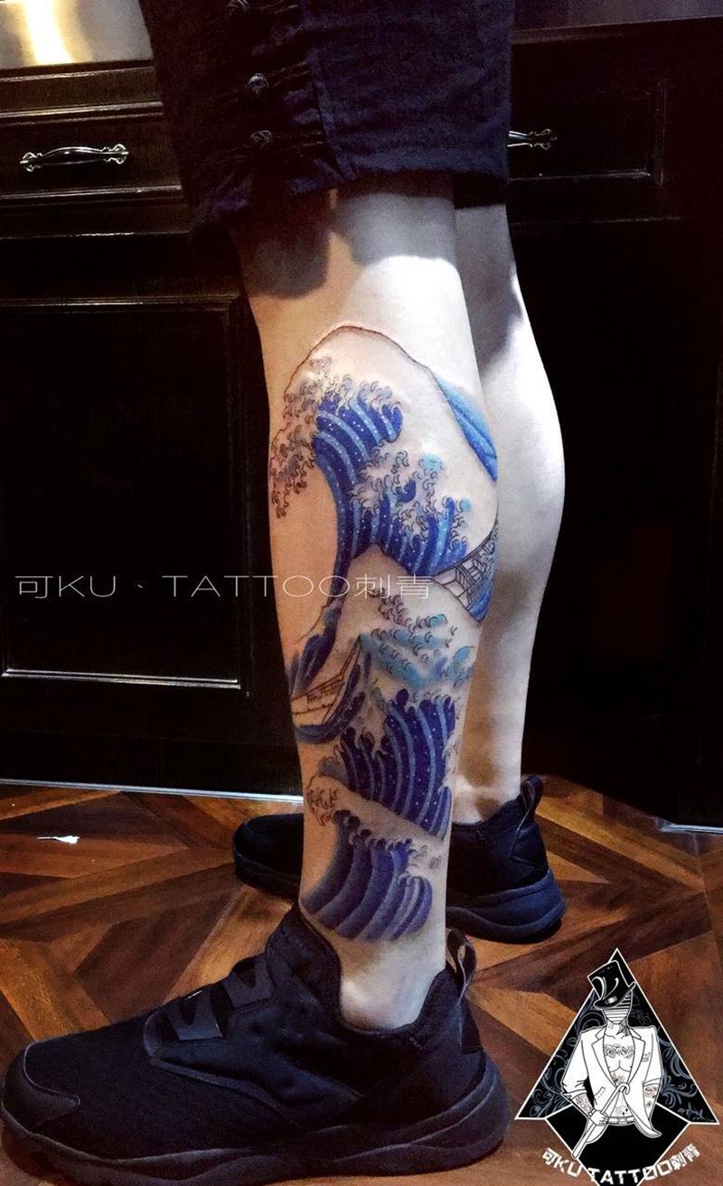 浪纹身图片_成品腿部脚部清新欧美习俗传统图腾纹身图案