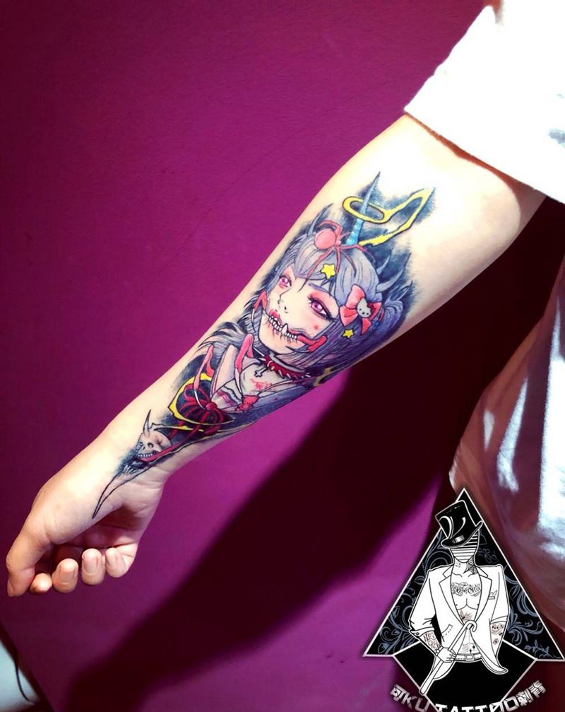 暗黑少女纹身图片_成品手臂欧美人物鬼神纹身图案