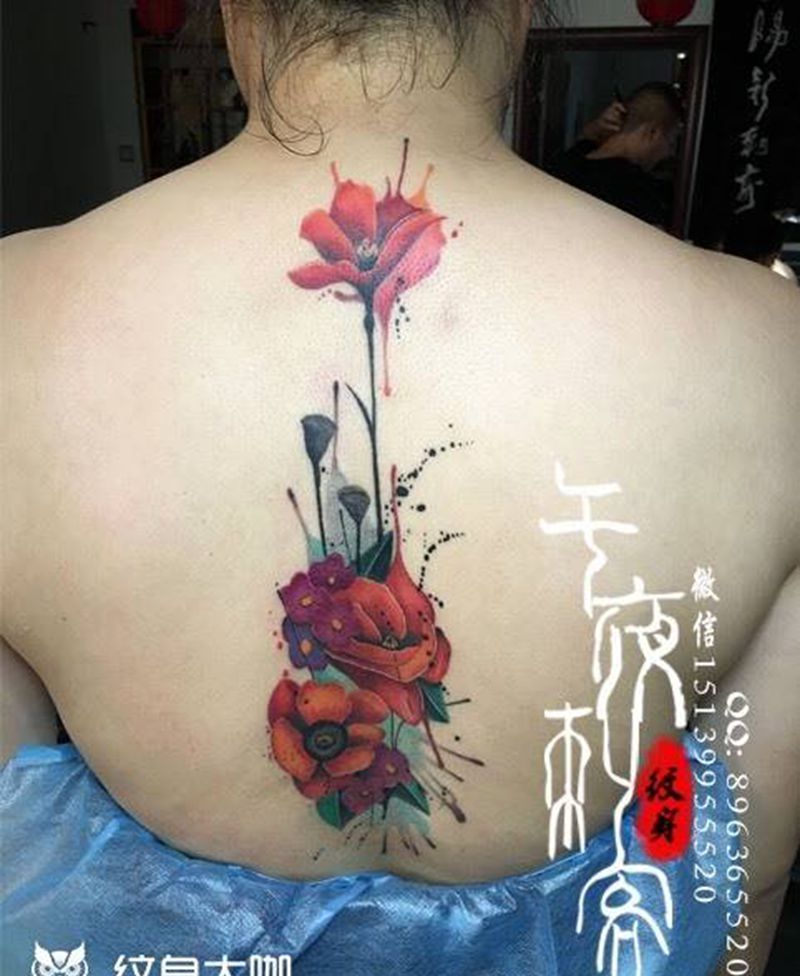 水彩花纹身图片_成品颈部手臂传统习俗写实植物几何字符人物纹身图案