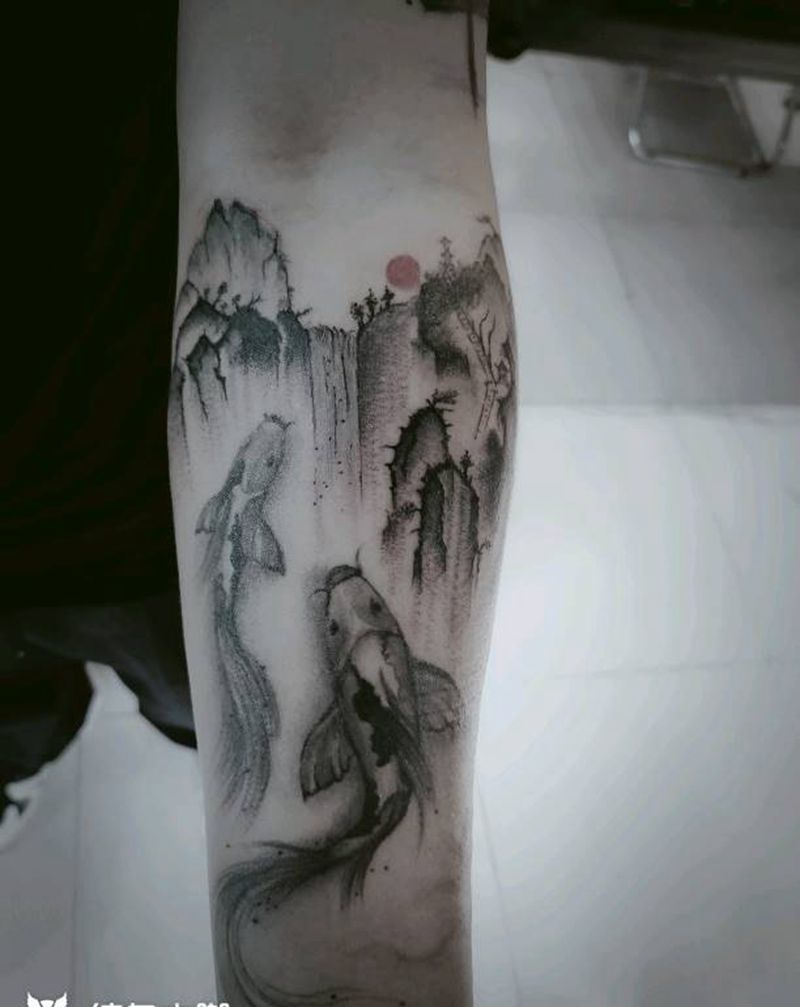 山水添加纹身图片_手臂水墨纹身图案