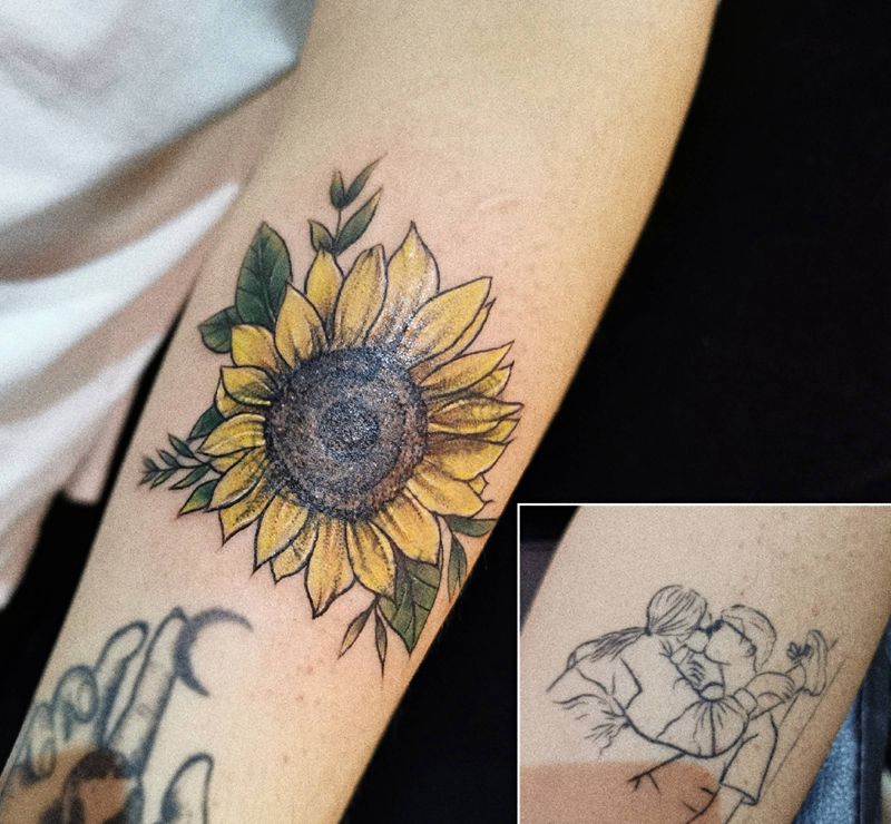 遮盖纹身图片_手部手臂水彩New School向日葵纹身图案