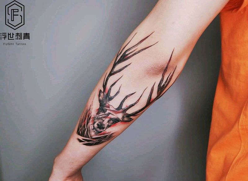 鹿纹身图片_手臂水彩原创纹身图案
