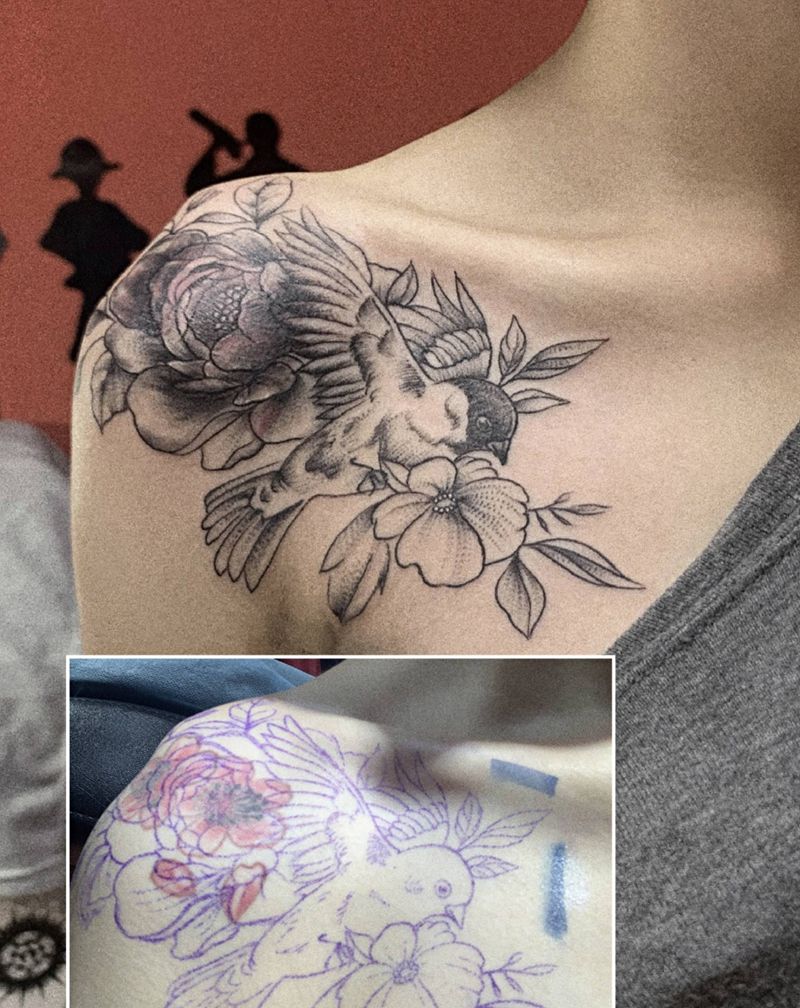 遮盖纹身图片_颈部肩部点刺欧美写实素花鸟遮盖纹身图案