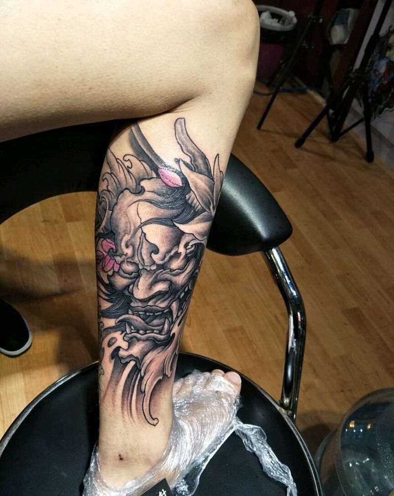 般若纹身图片_腿部传统鬼神成品纹身图案