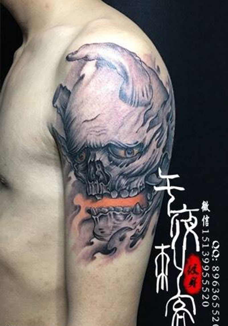 骷髅头，纹身图片_成品手稿插画手臂传统写实欧美鬼神人物原创纹身图案