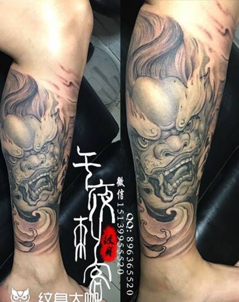 福狮纹身图片_成品腿部传统动物原创纹身图案