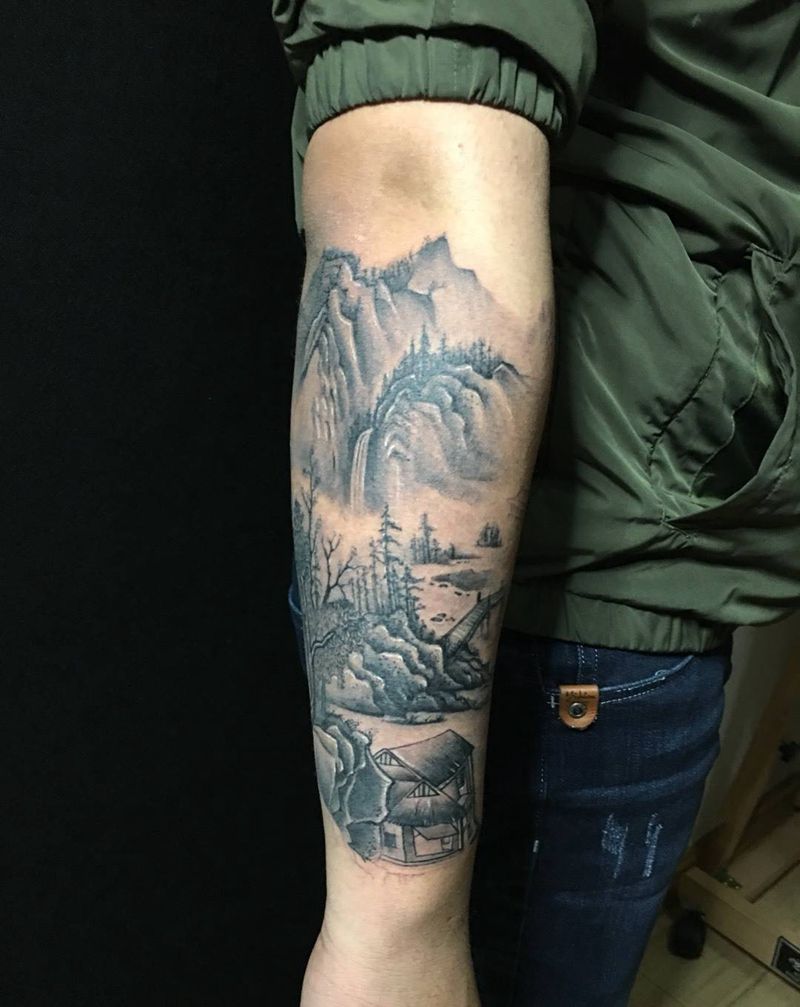 山水画包小臂，一侧完成细节太多，明天继续纹身图片_成品颈部肩部腹部手臂传统欧美清新字符植物纹身图案