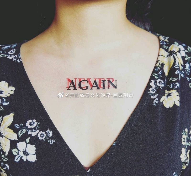 再也不会纹身图片_颈部胸部花体字英文纹身图案