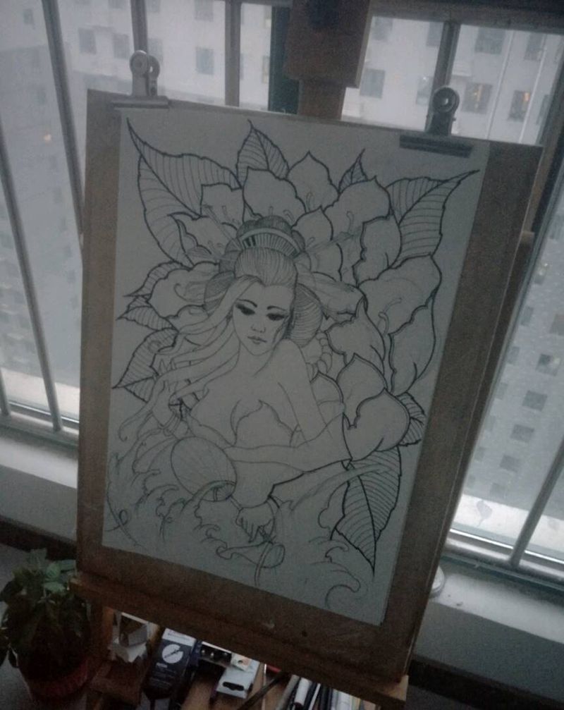 稿纹身图片_背部传统人物植物手稿纹身图案