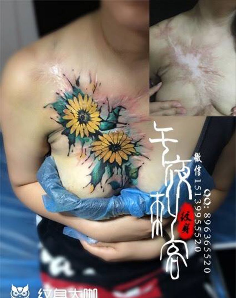 遮盖纹身图片_成品胸部清新植物原创纹身图案