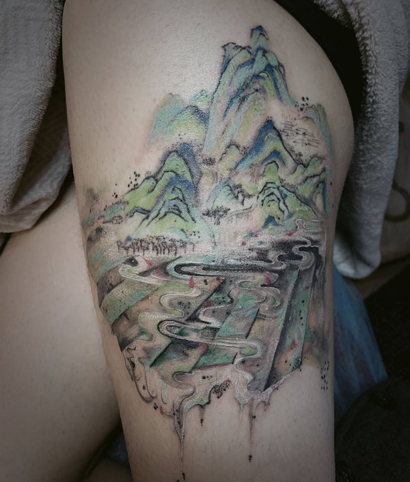 江山扇面纹身图片_腿部水墨水彩纹身图案