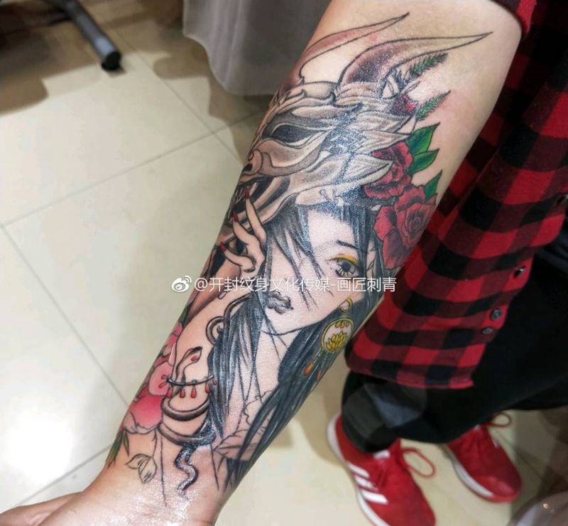 艺妓未完成纹身图片_手臂手部新传统艺妓面具般若纹身图案