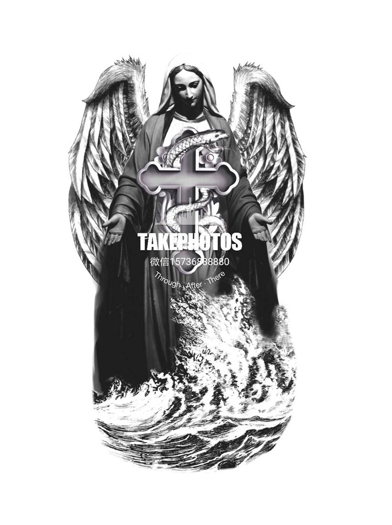 圣母纹身图片_手臂欧美写实圣母十字架海浪纹身图案
