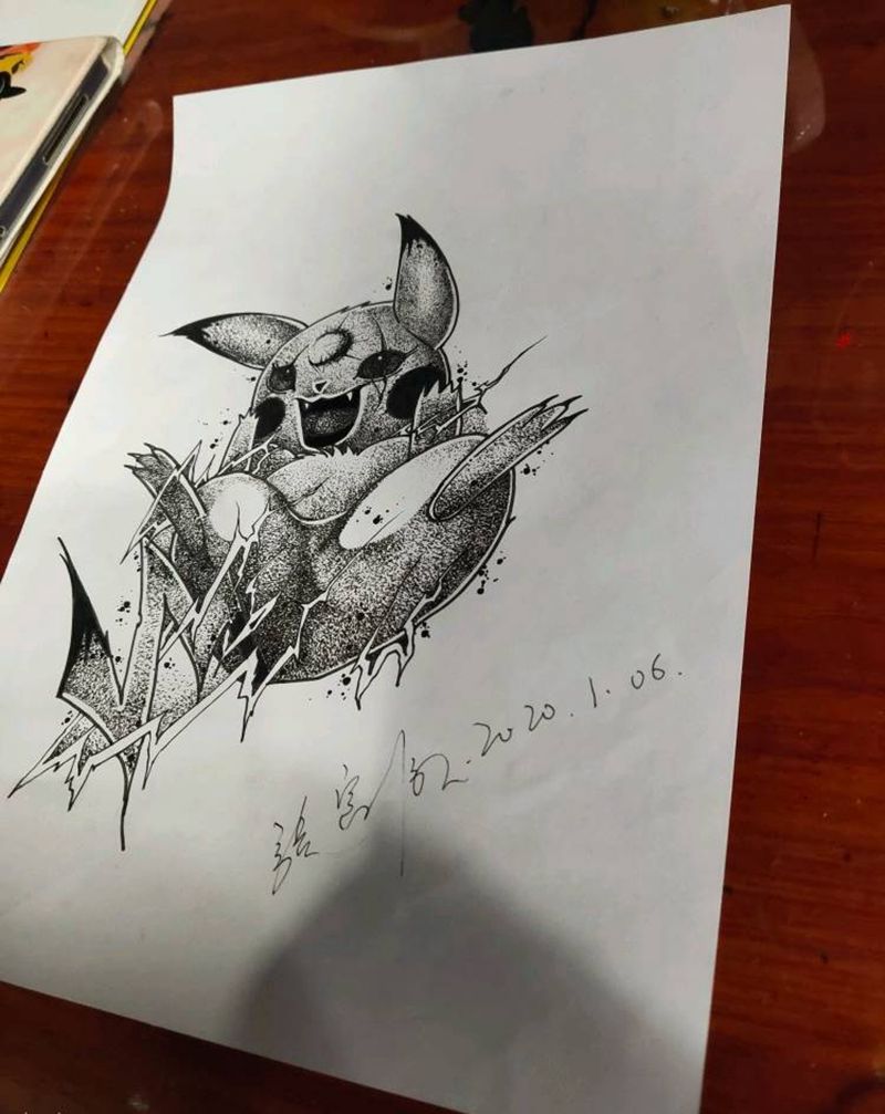 暗黑皮卡丘纹身图片_手臂点刺纹身图案
