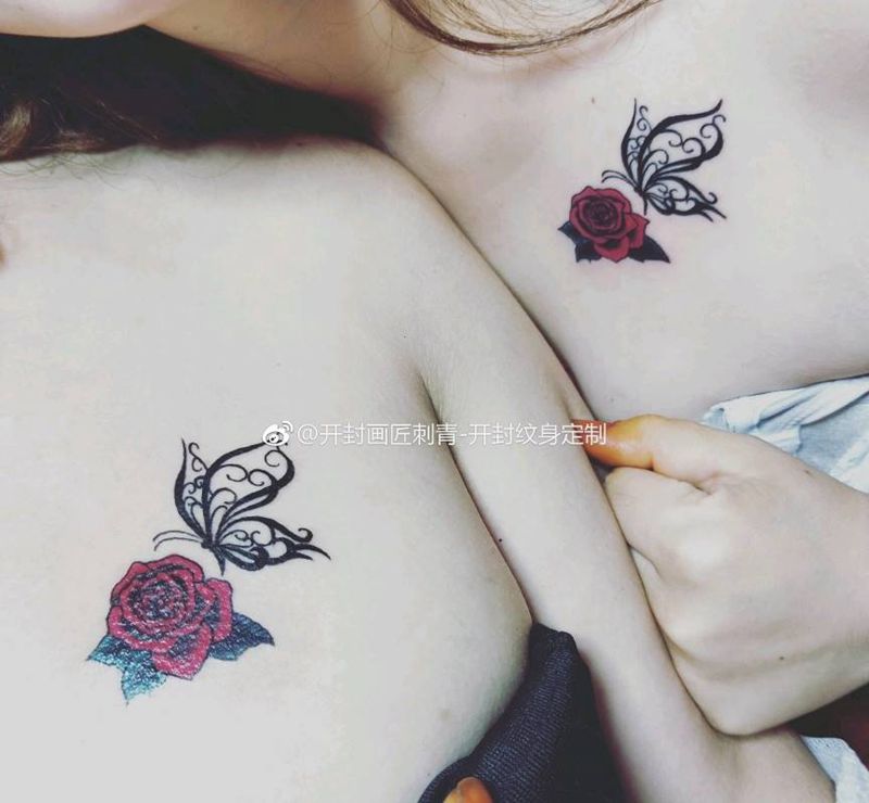 蝴蝶玫瑰纹身图片_胸部欧美清新几何动物植物成品纹身图案