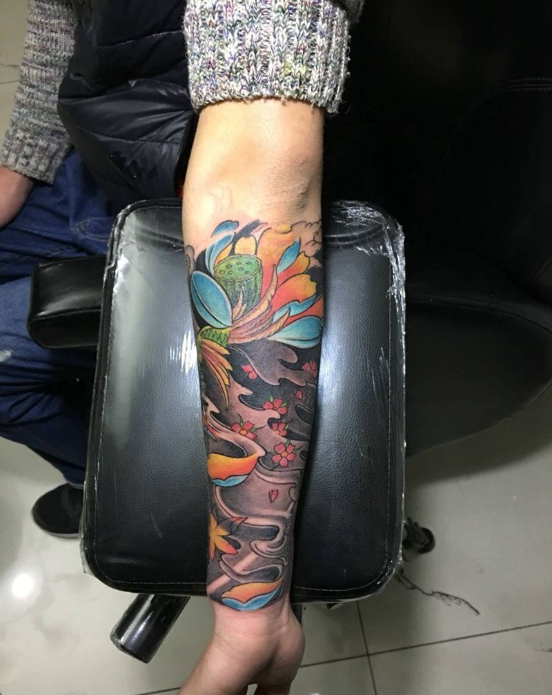 包小臂完成纹身图片_手臂传统植物纹身图案