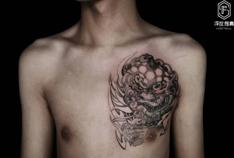 福狮纹身图片_新传统福狮纹身图案