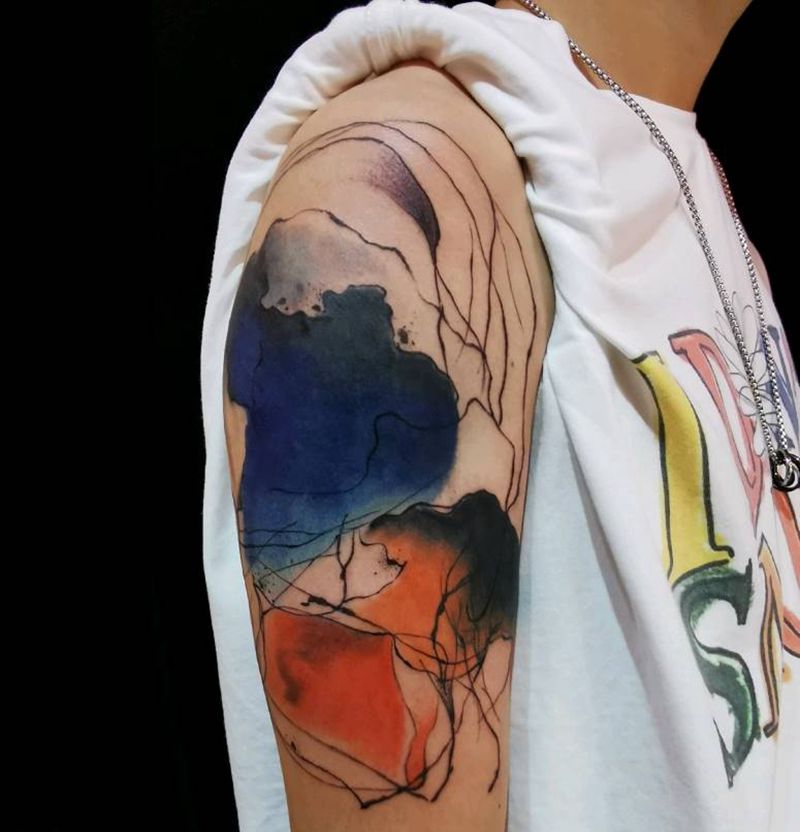 遮盖纹身图片_手臂水墨水彩遮盖纹身图案