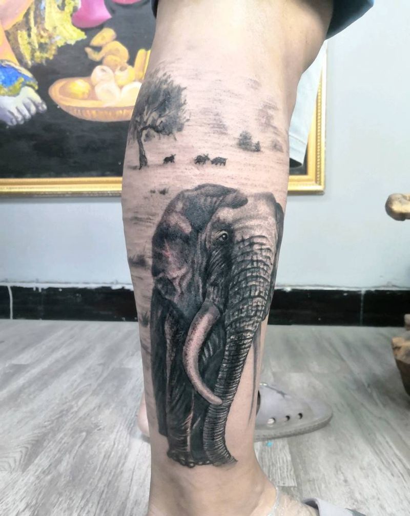 包小腿写实素描纹身图片_欧美写实纹身图案