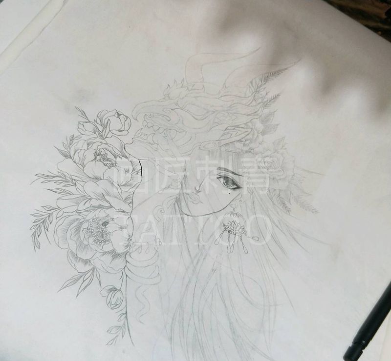 画匠刺青原创手稿纹身图片_胸部手臂欧美写实新传统艺妓花旦女人纹身图案