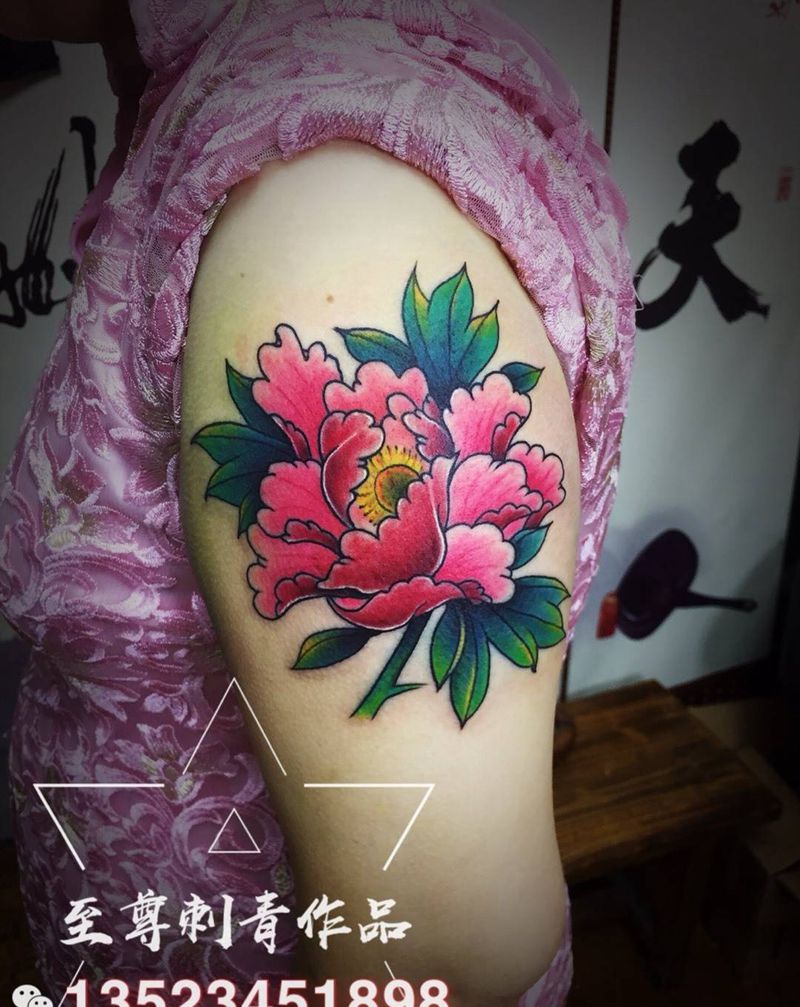 牡丹纹身图片_手臂新传统纹身图案