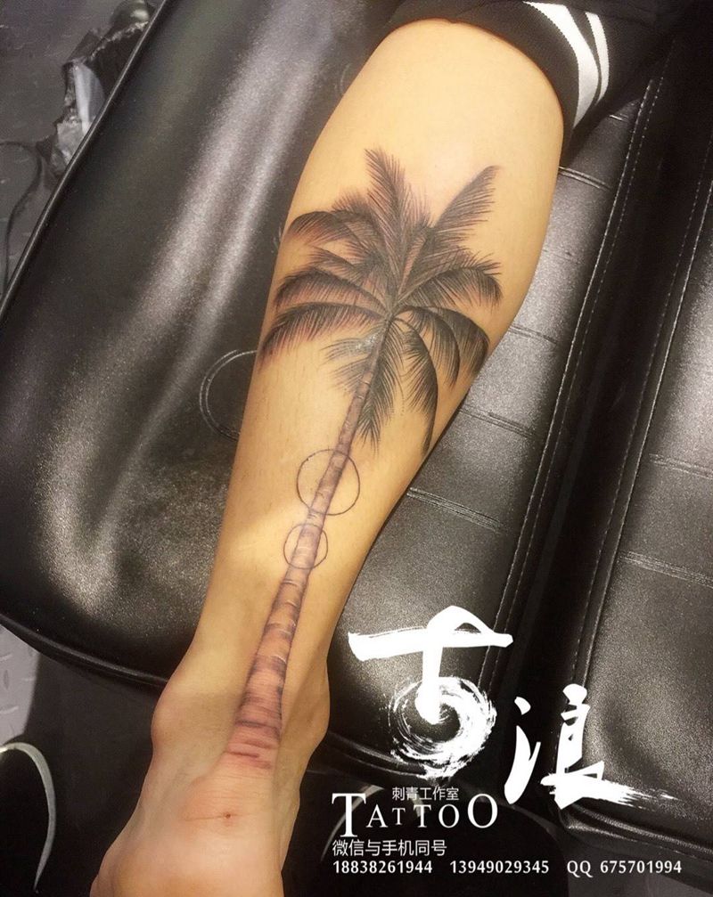 椰子树纹身图片_成品植物腿部纹身图案