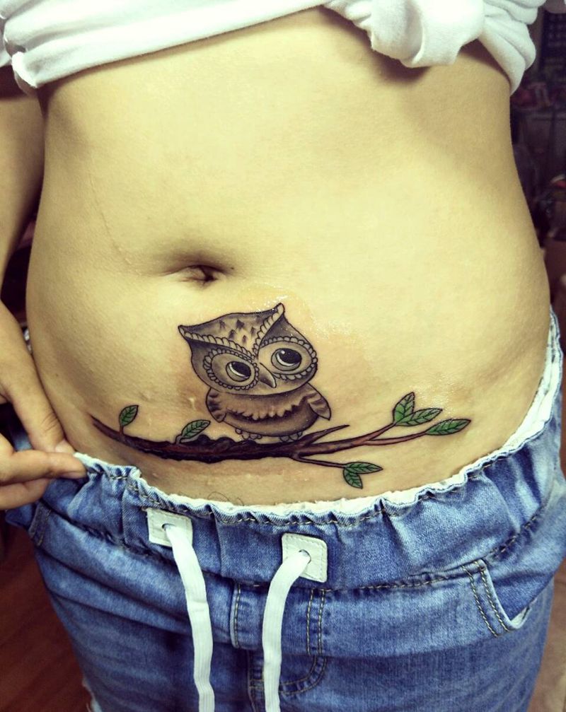 掩盖伤疤纹身图片_腹部清新动物成品纹身图案