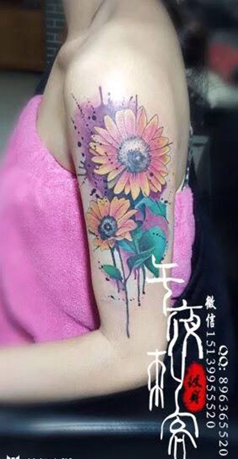 水彩泼墨花纹身图片_成品手稿插画手臂传统清新国画植物原创贴纸纹身图案