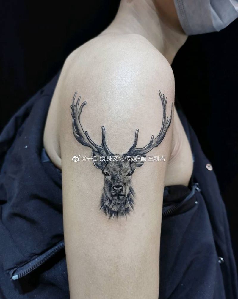 原创麋鹿纹身图片_手臂麋鹿鹿头鹿纹身图案