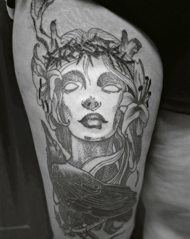 欧美点刺女性纹身图片_腿部点刺欧美写实纹身图案