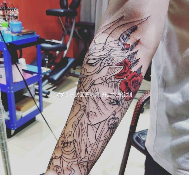 半原创艺妓未完成纹身图片_手臂手部欧美写实新传统艺妓花小臂纹身图案